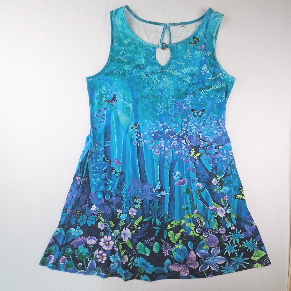 Enchanted Forest Butterfly Sublimation Sleeveless Mini Dress Blue Festival L